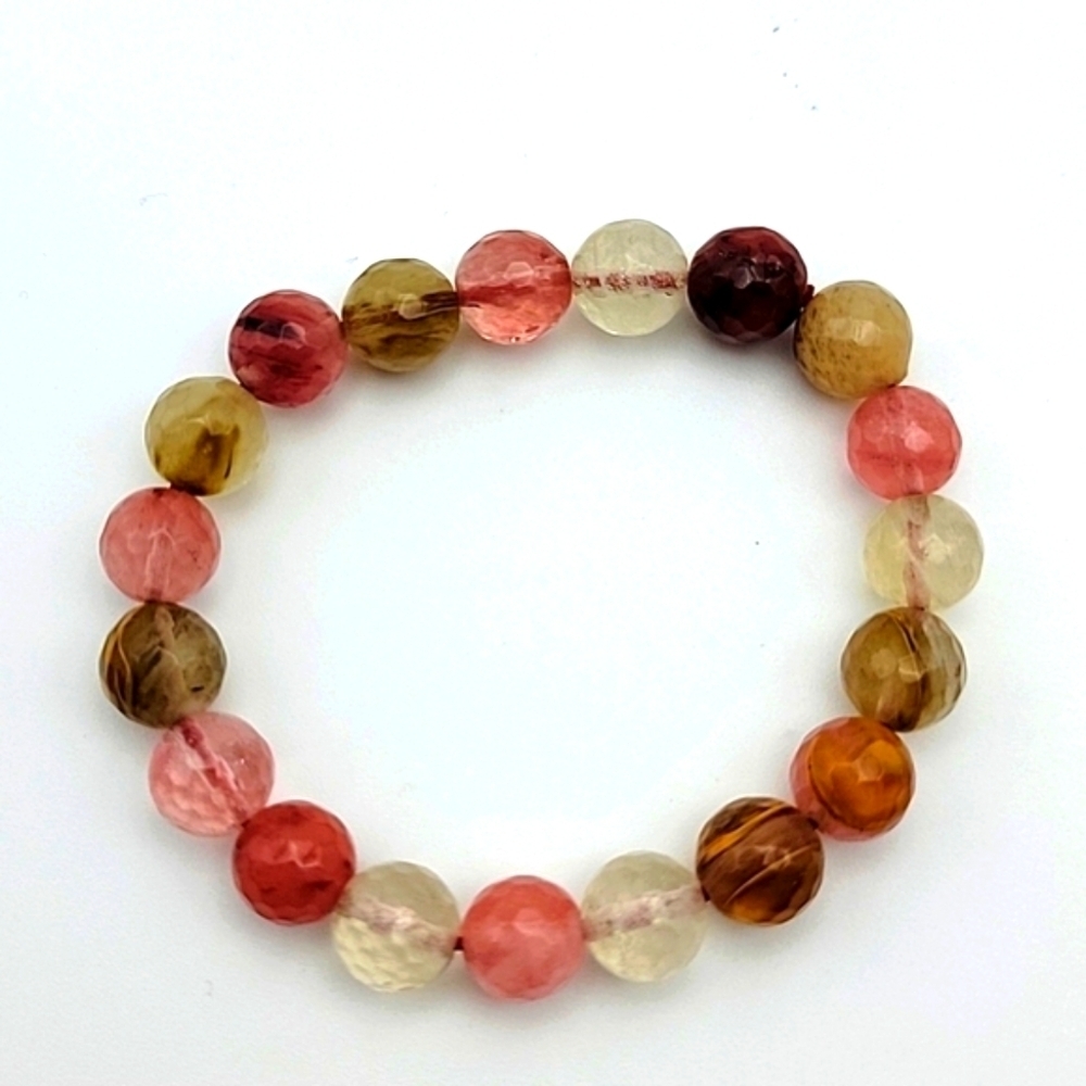 Multicolor Watermelon Tourmaline Faceted Round 10mm Beads Stretch  Bracelet 7.5"